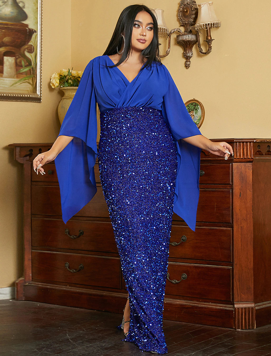 Mermaid / Trumpet Wedding Guest Dresses Plus Size Dress Cocktail Party Black Tie Floor Length Long Sleeve V Neck Fall Wedding Guest Sequined with Glitter Slit